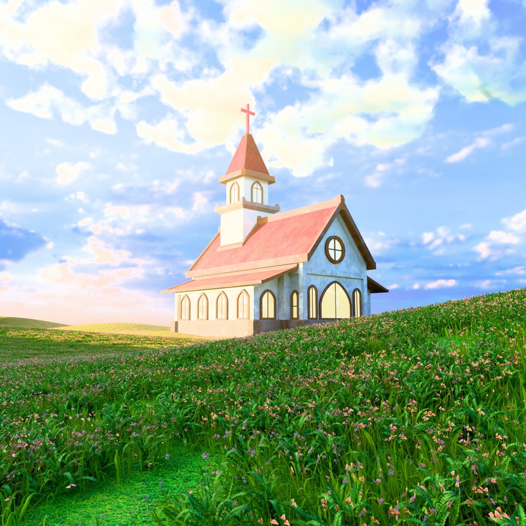 3D render of a little country church in the middle of a field.