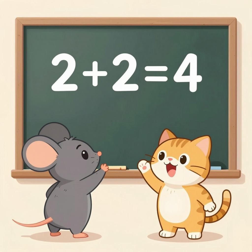 Cartoon of a mouse teaching a cat basic math