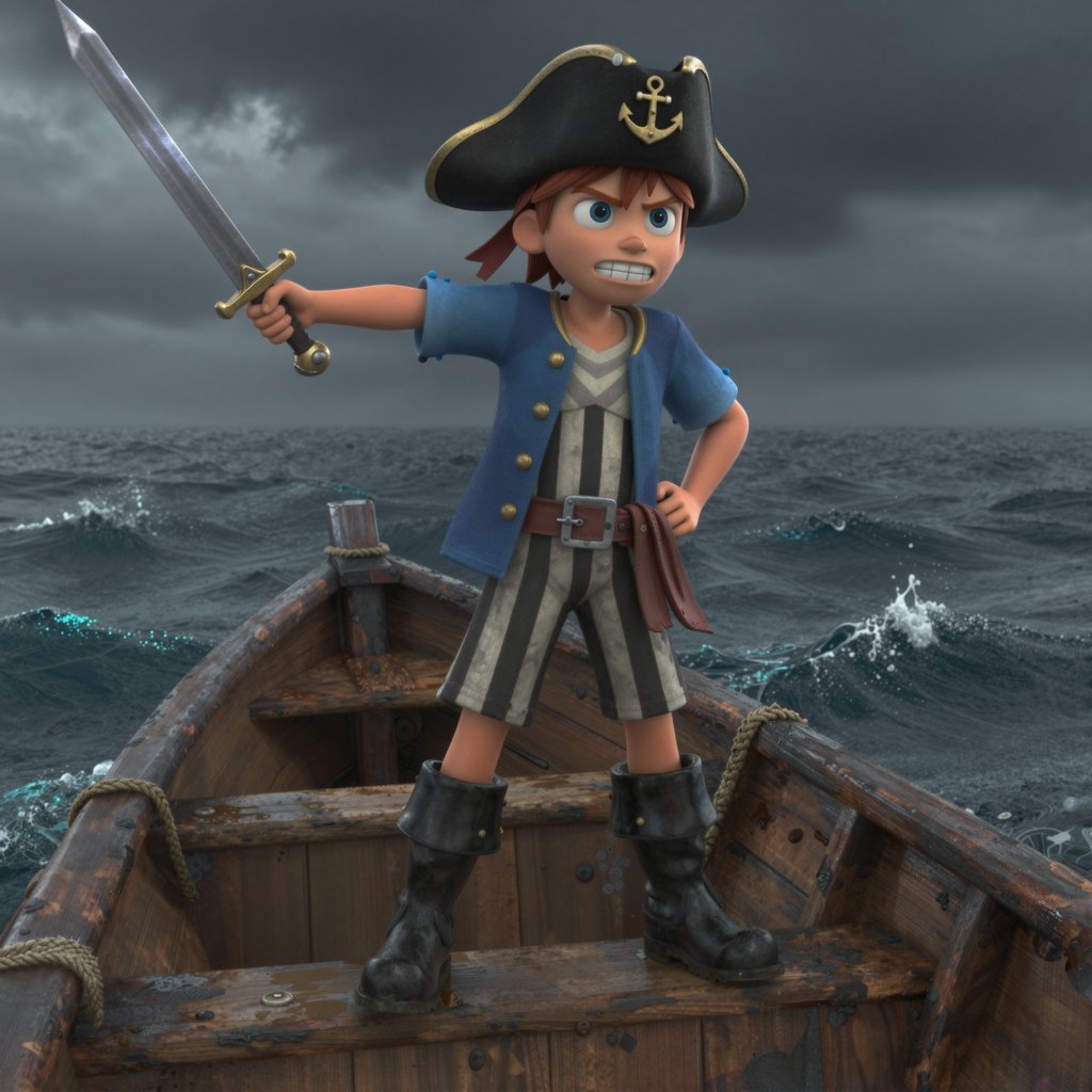 A 3D rendered boy in a sea captain outfit braving the wild ocean and rain by weilding his sword