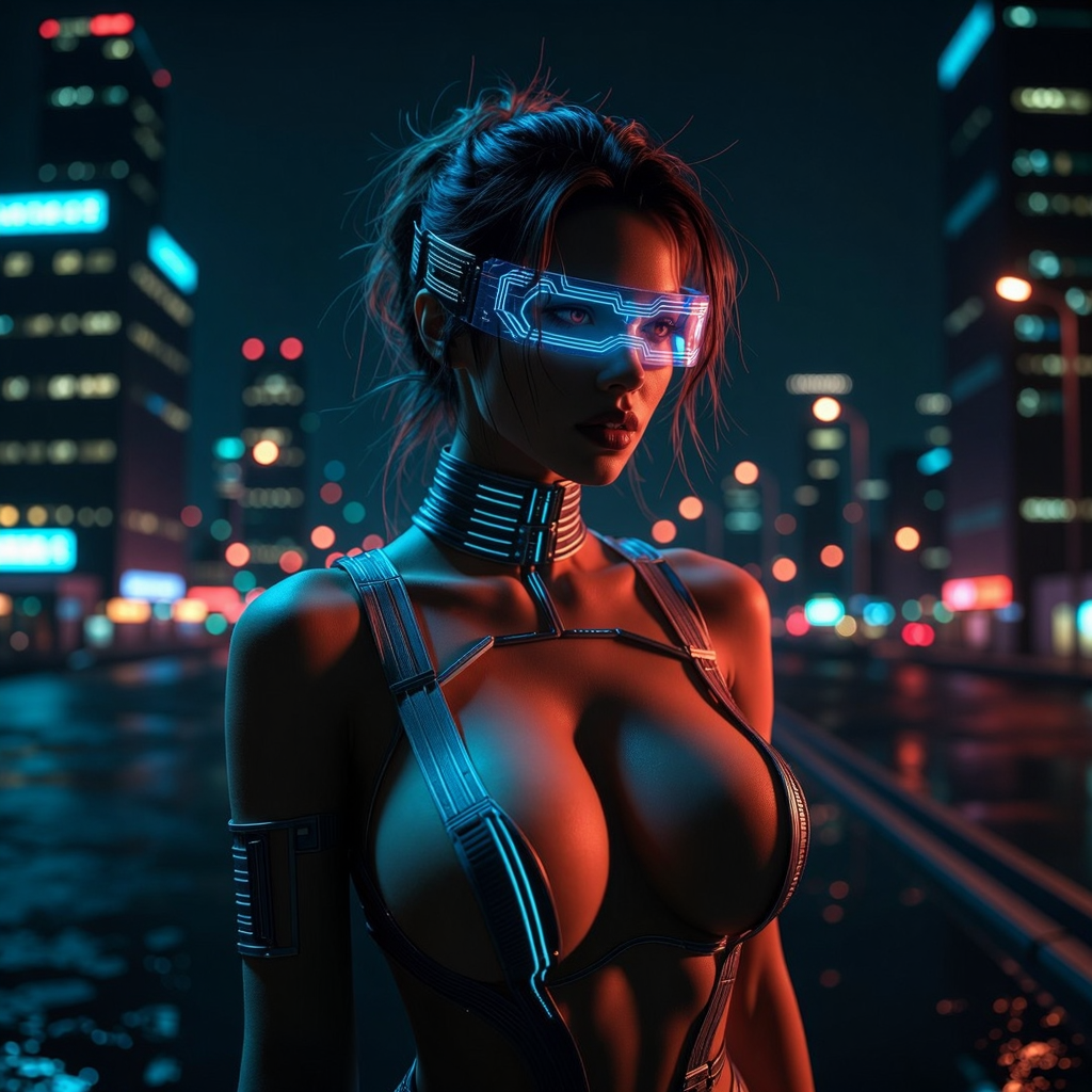 Cyberpunk-inspired female cyborg render with neon lights and night theme.