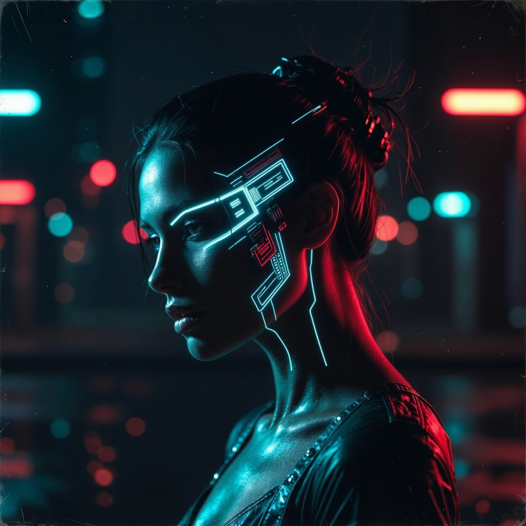 Cyberpunk inspired image of a woman with digital light on her face against a night scene