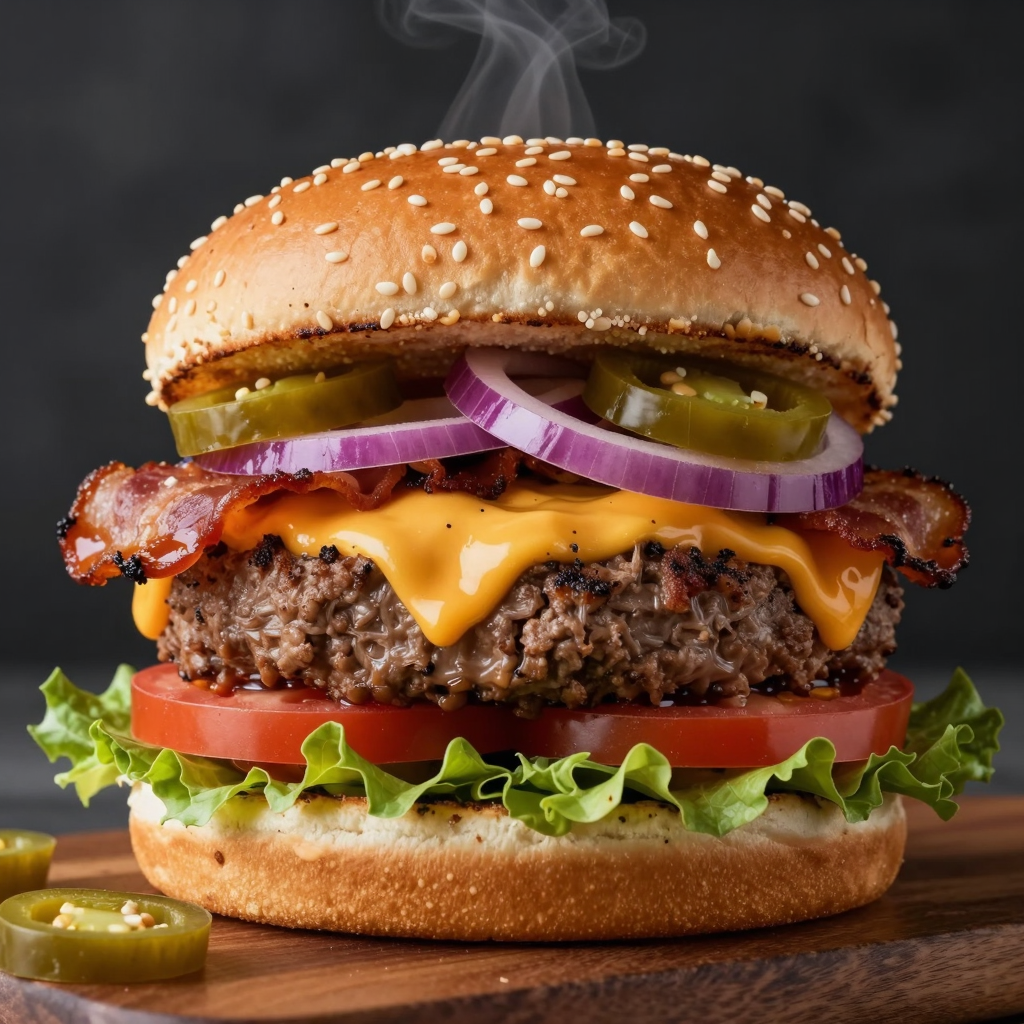 Image of a stacked double bacon and cheese burger.