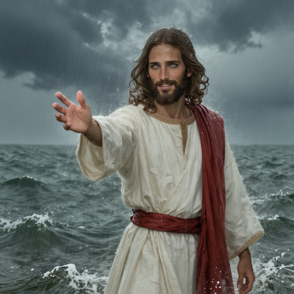 image of Jesus standing in the middle of the sea of Galilee.