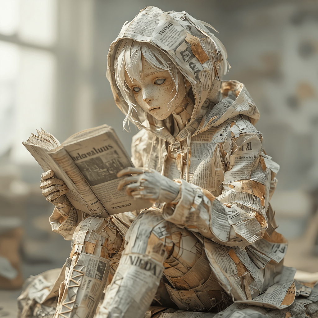 a 3D render of a young girl made of newspaper sitting and quietly reading a paper book