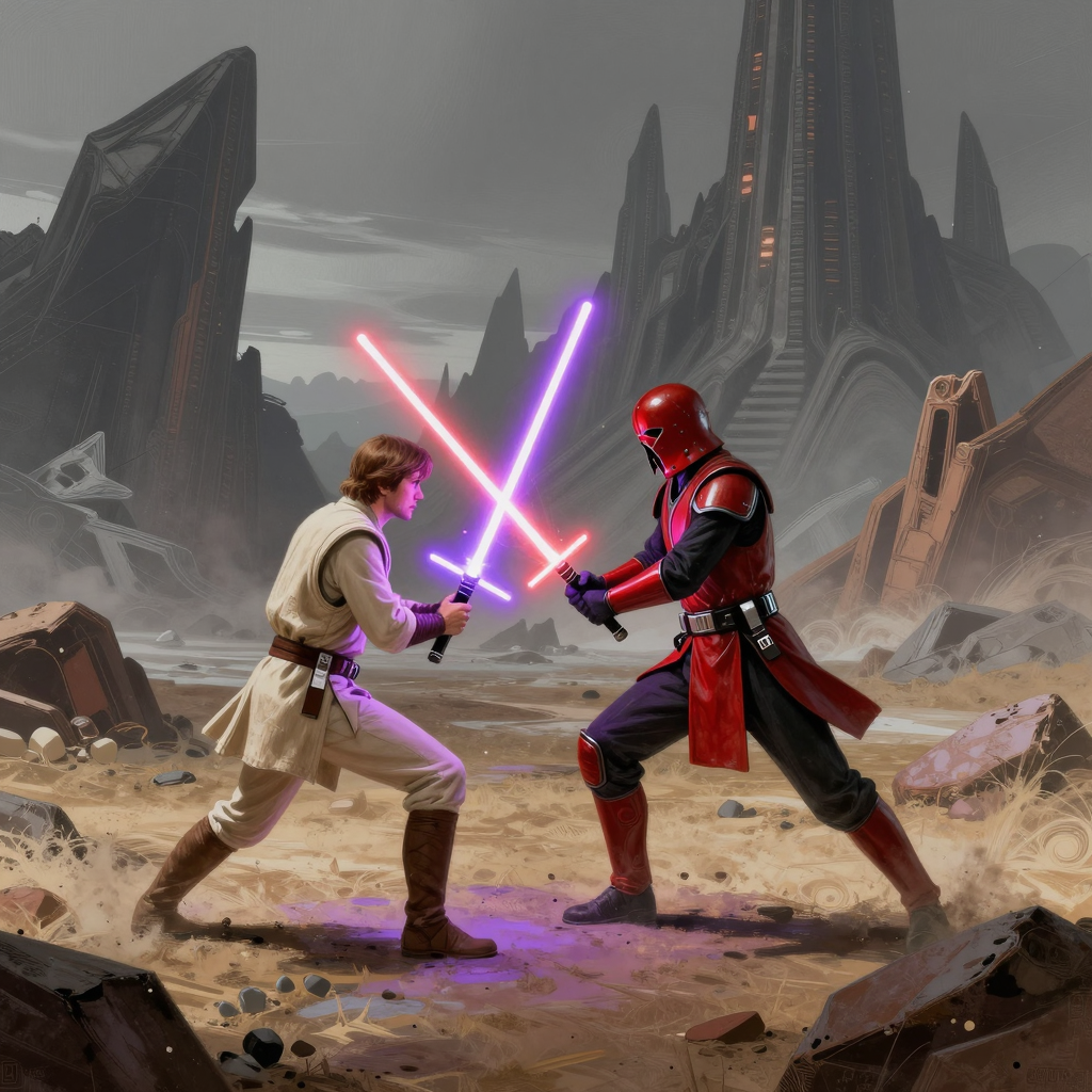 Image of dueling light sabers render.