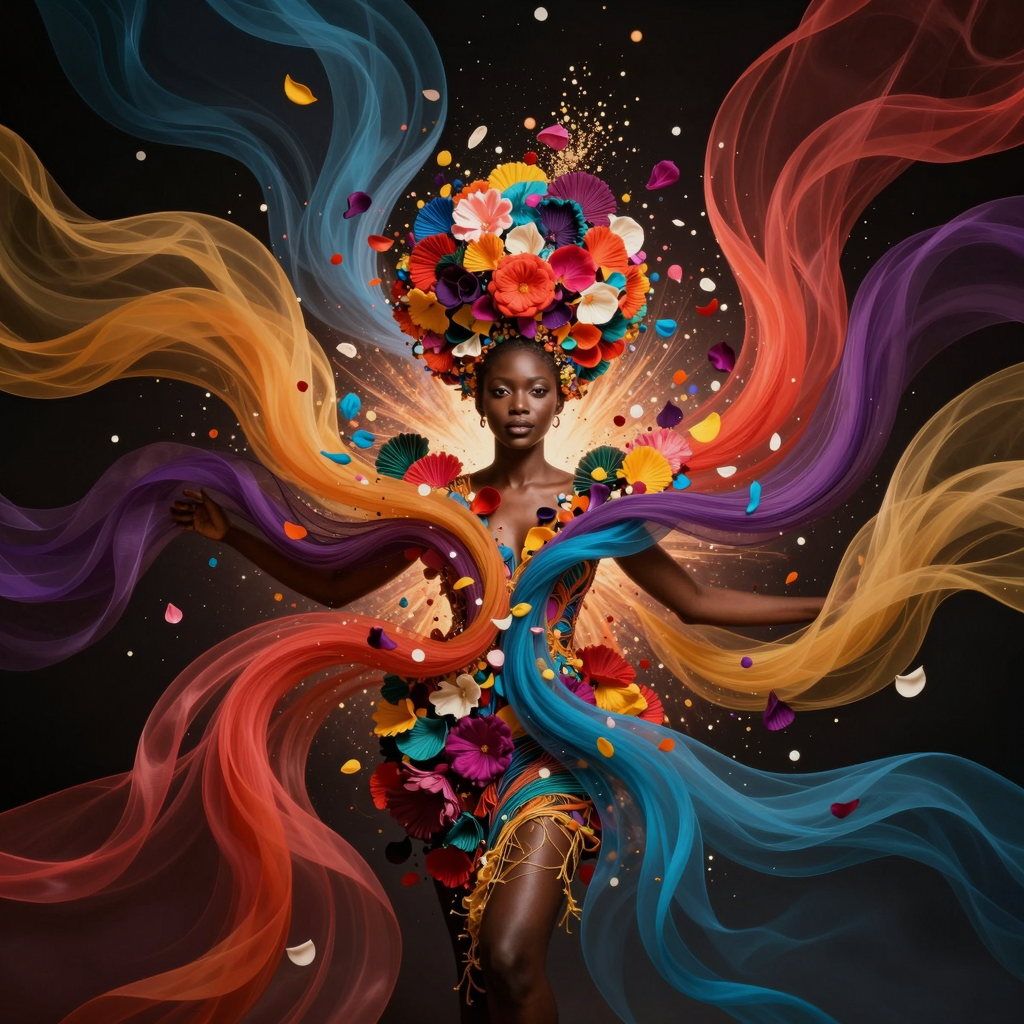 Image of woman adorned in waving fabric and floral design.