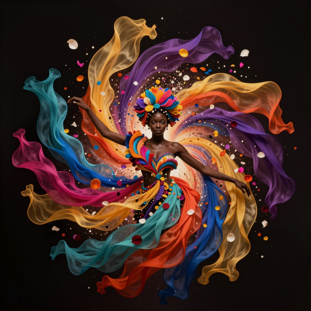 A beautiful black woman with a vivid color spirilling dress