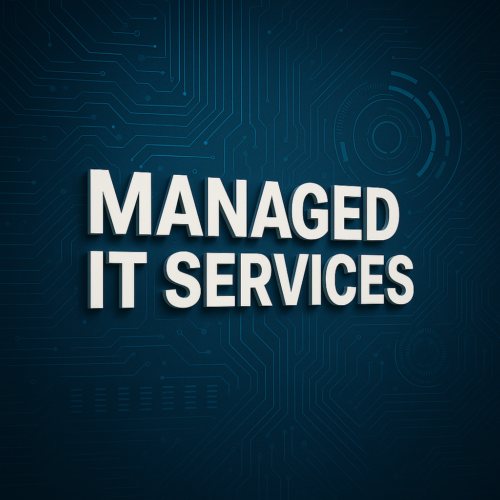 A blue and white Image with the words Managed IT Services