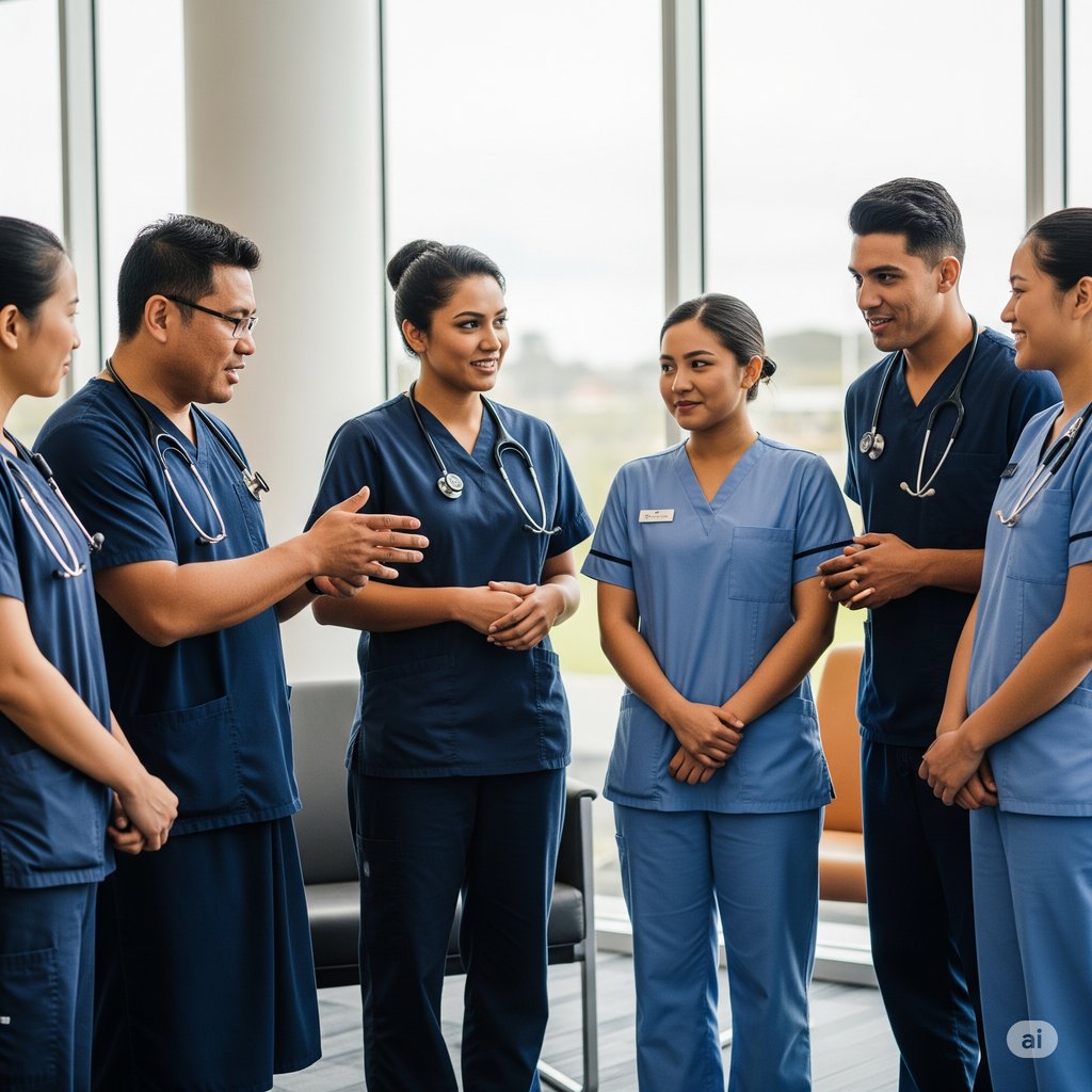ニュージーランドの医療現場で、様々な国出身のナースたちがコミュニケーションを取る様子