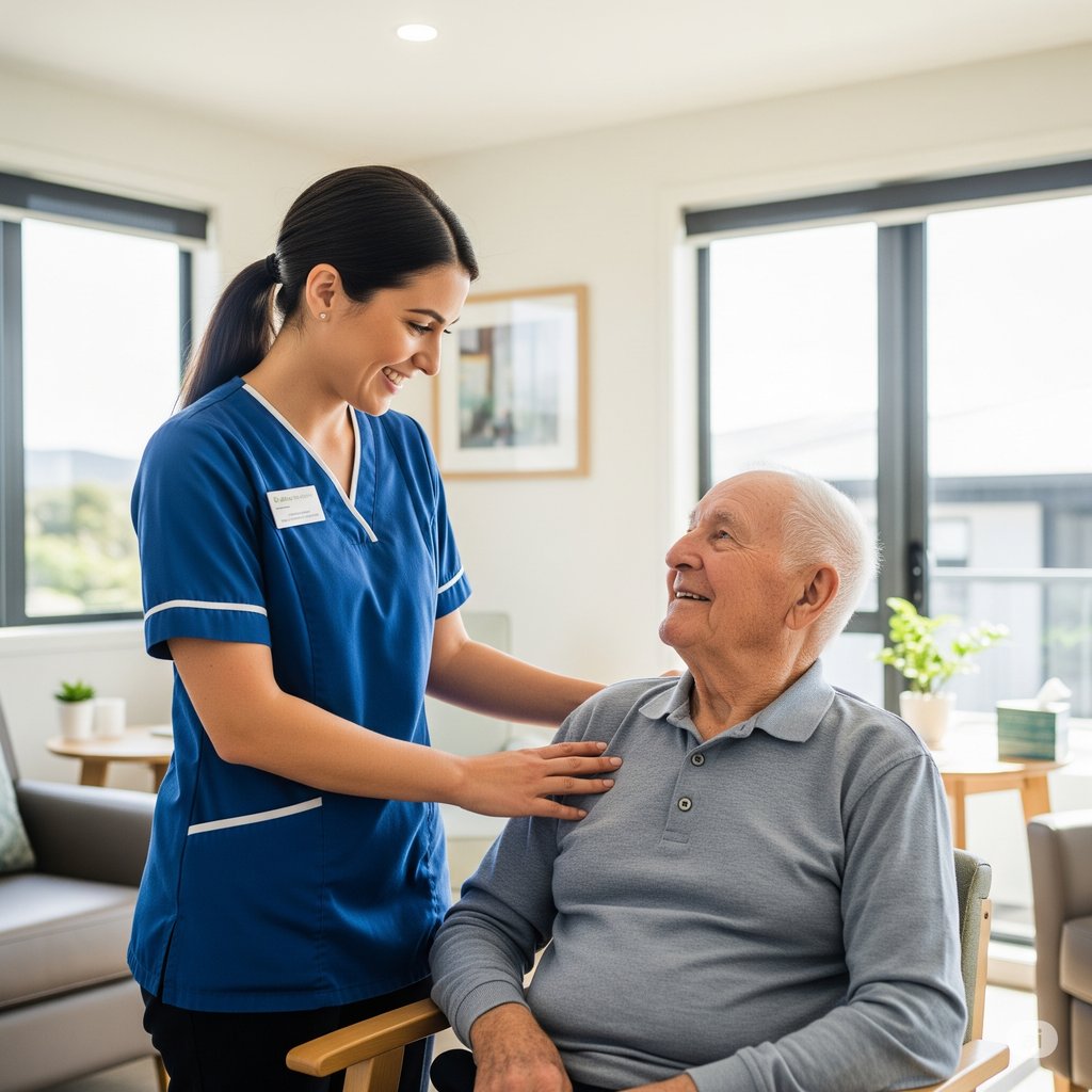 老人介護施設で看護師が利用者に寄り添っている