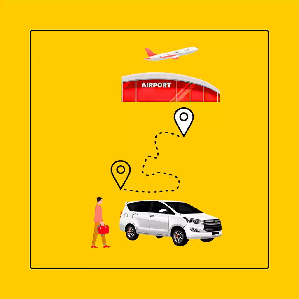 One way taxi service for airport transfers featuring a white SUV, travel route map, and an airplane on a yellow background.