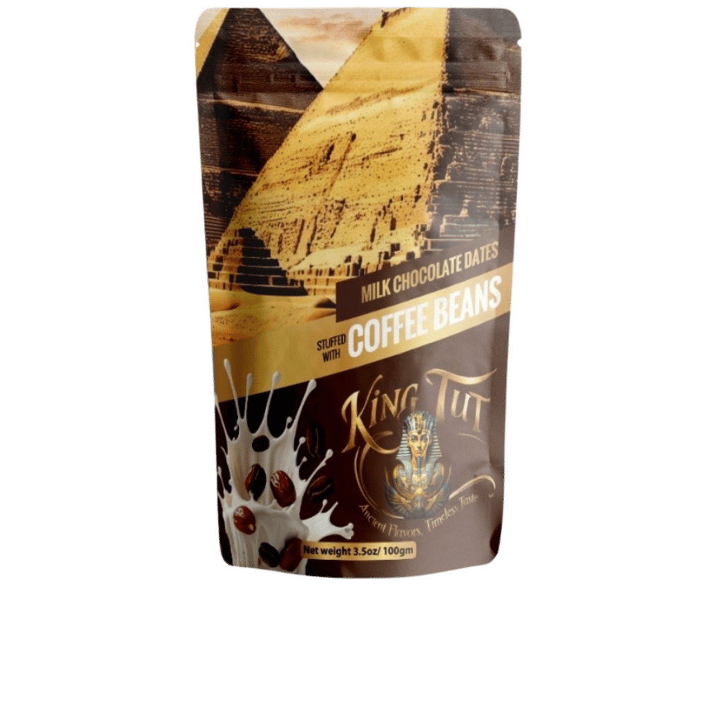 King Tut milk chocolate dates stuffed with coffee beans in a gourmet stand-up pouch.