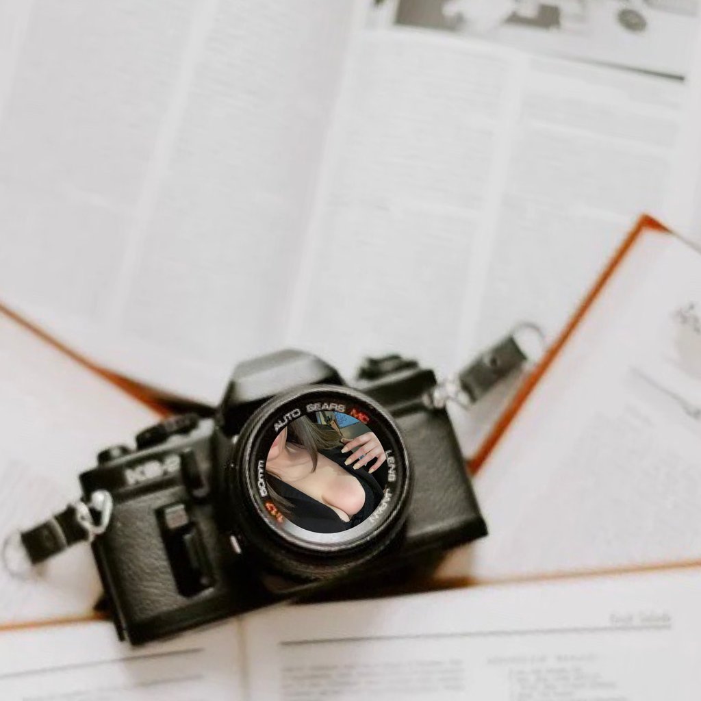 a camera lens with beautiful girl