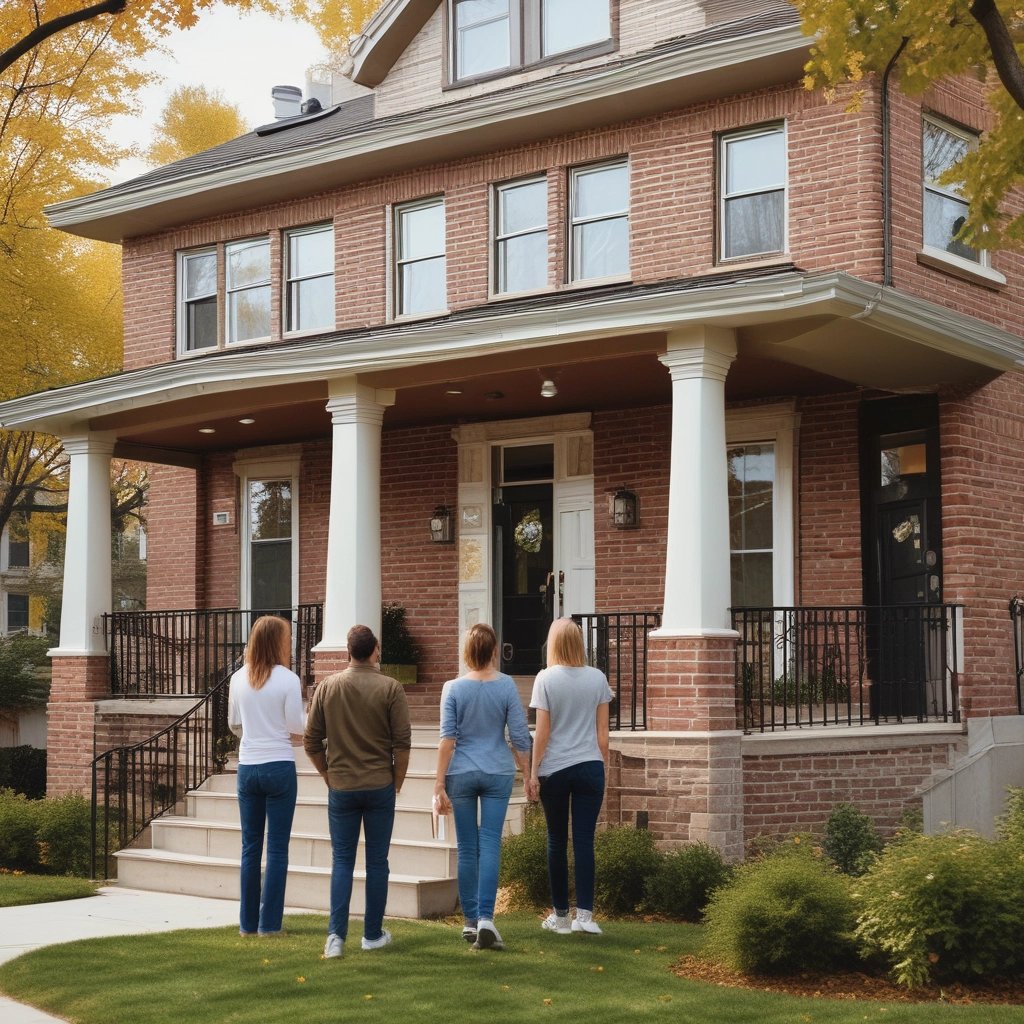 a group of people standing in front of a house