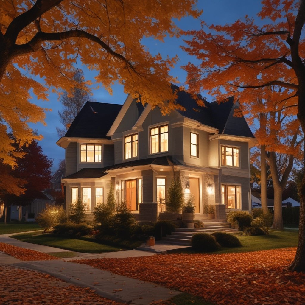 modern suburban home in an autumn night