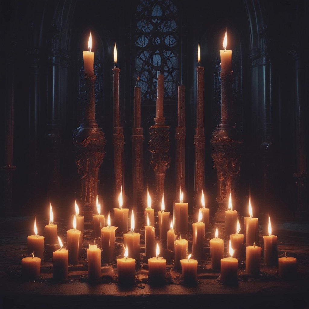 Photo de pleins de bougies, chandelles allumées sur fond noir, lumière jaune