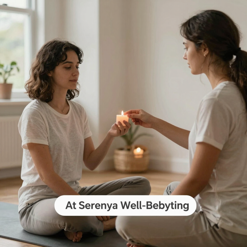 Cozy corner with candles, crystals, and soft lighting creating a peaceful atmosphere.