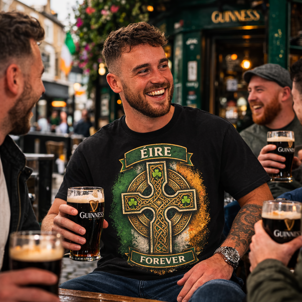 Smiling man in an Eire Forever Irish Celtic cross t-shirt drinking Guinness at an outdoor pub.