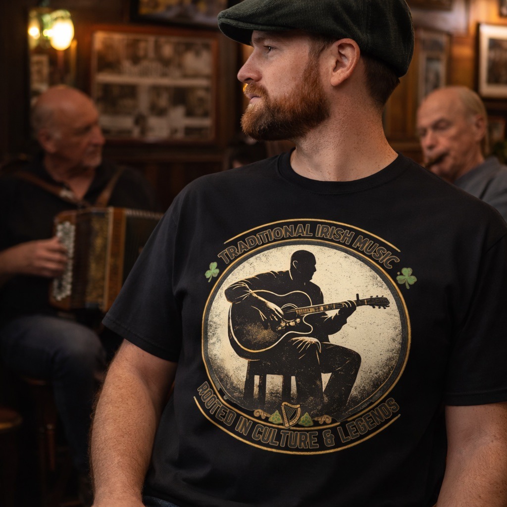 Bearded man wearing a black traditional Irish music t-shirt in a pub with musicians.