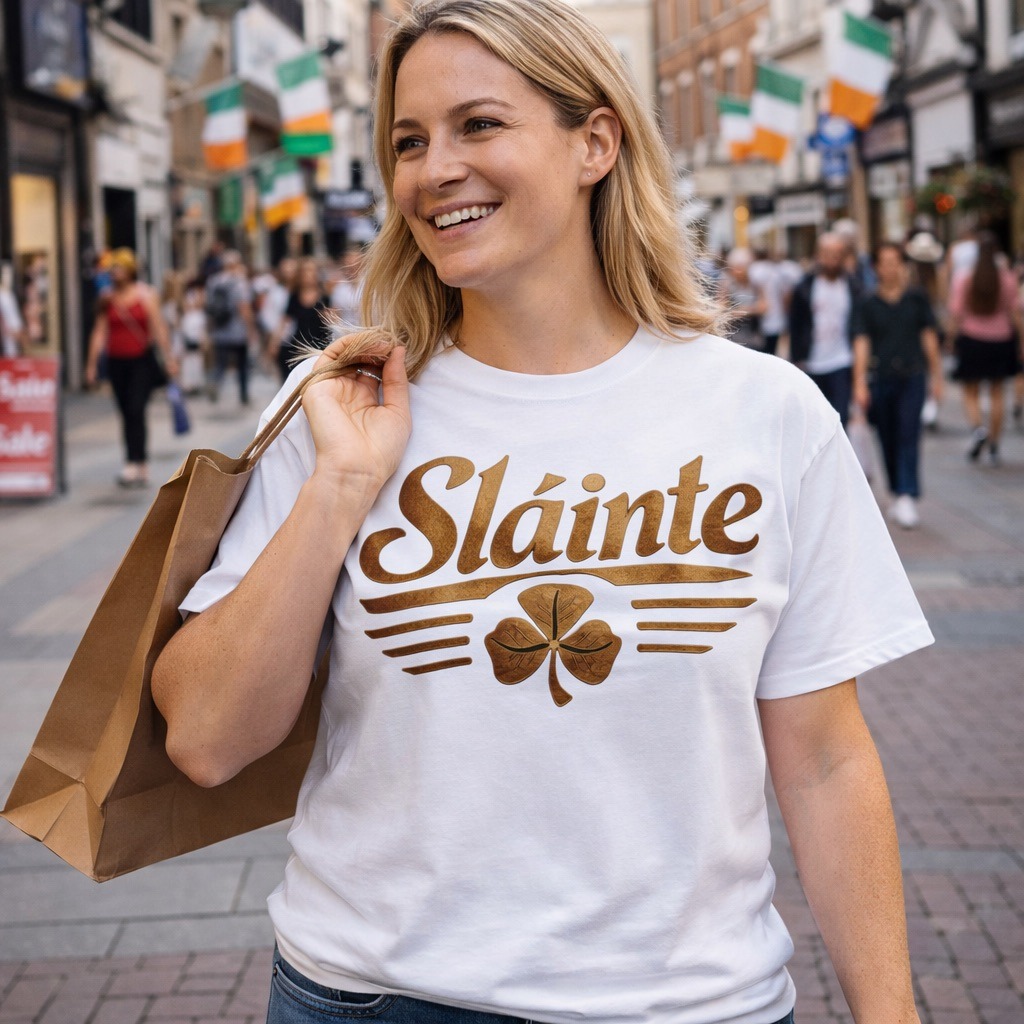 Smiling woman wearing a white Sláinte t-shirt with a gold shamrock while shopping in Dublin.