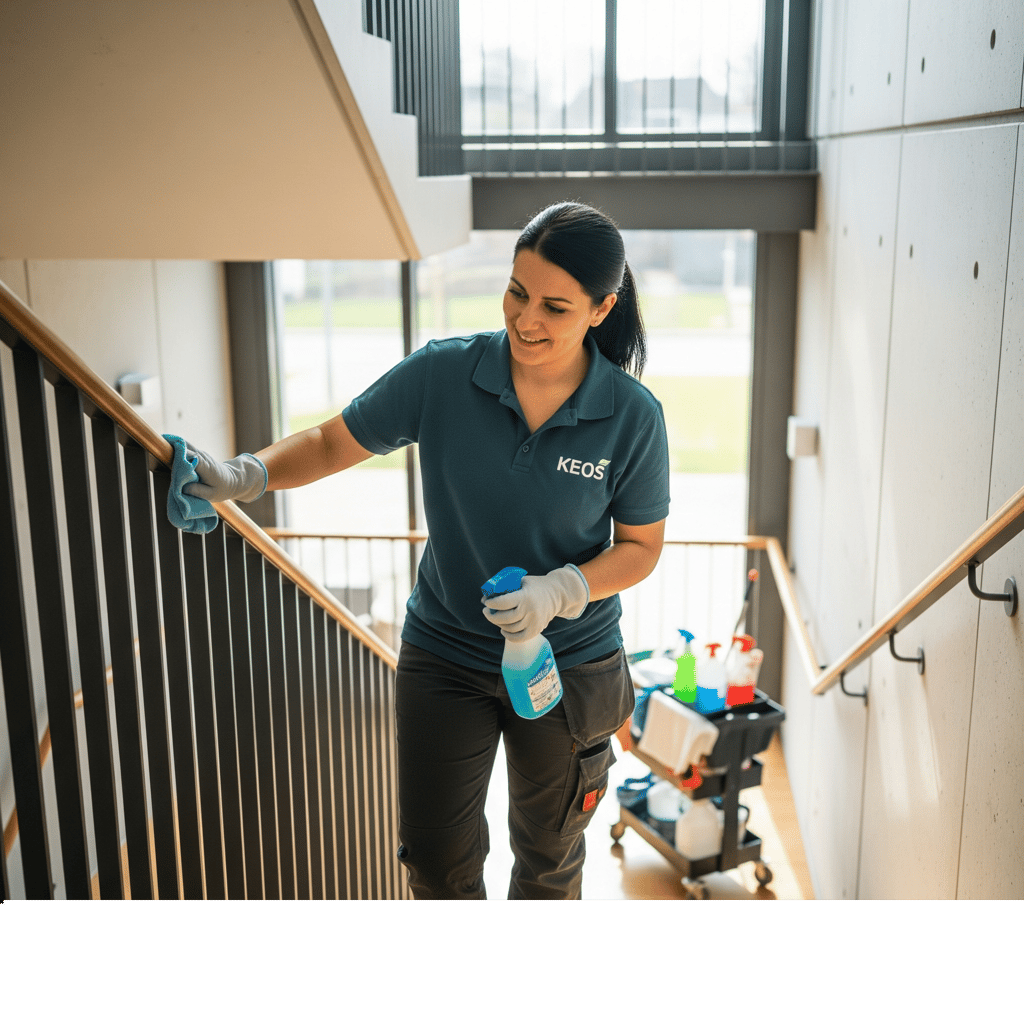 a woman in a green shirt cleaning stairs