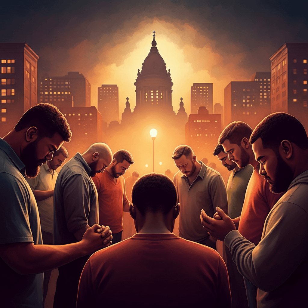 a group of men standing around a man in a city