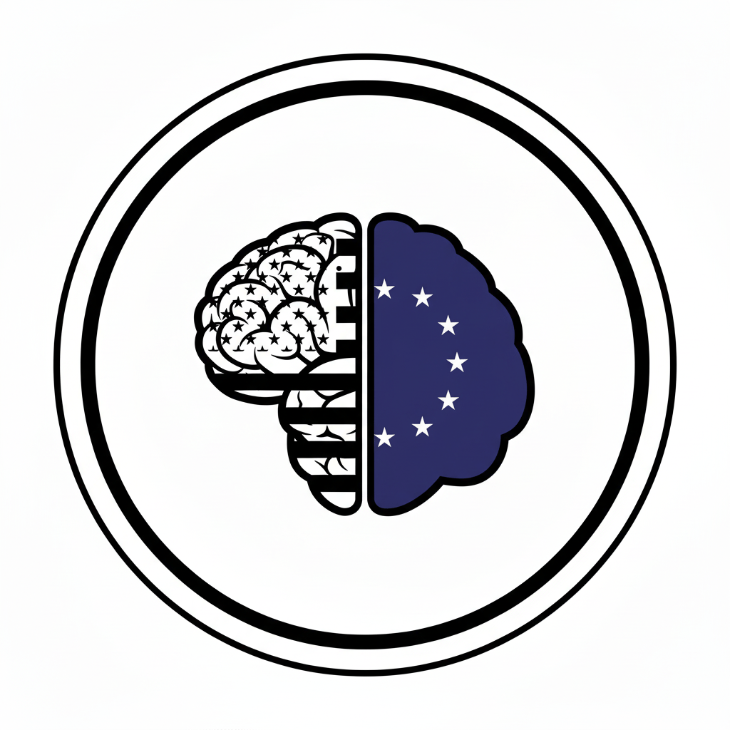 a brain with a US and EU flag overlapping