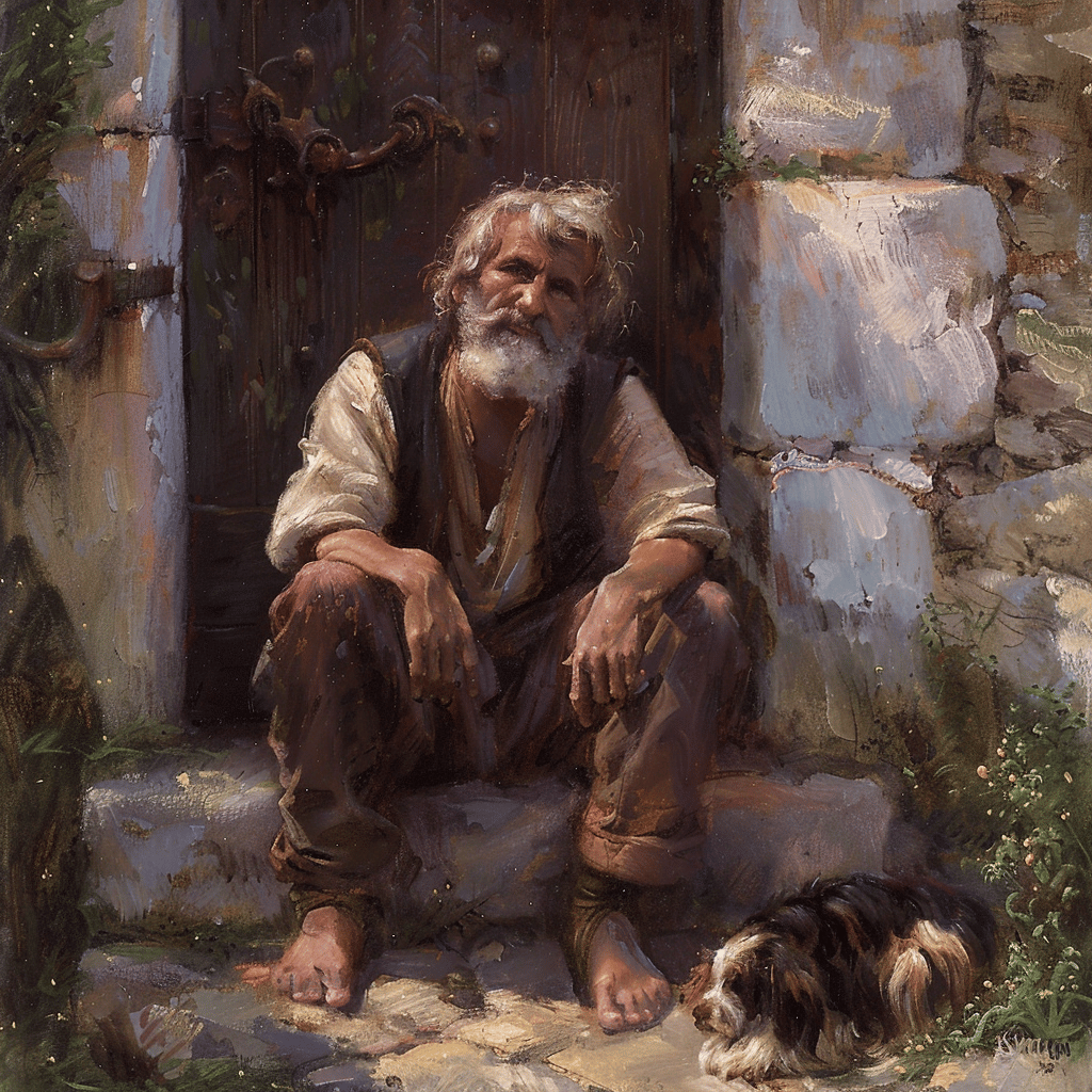 A painting of a man sitting on a stone stepstone