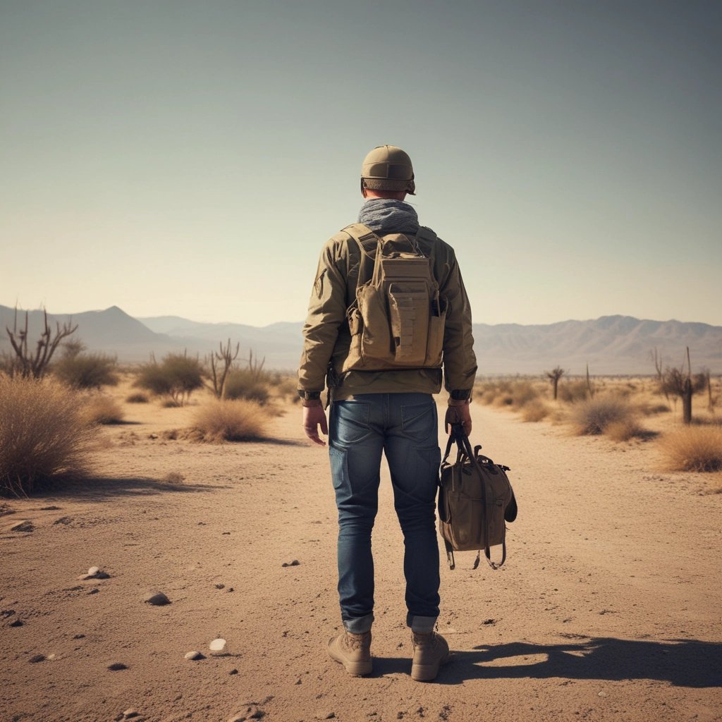 a man in a hat and jacket walking in the desert