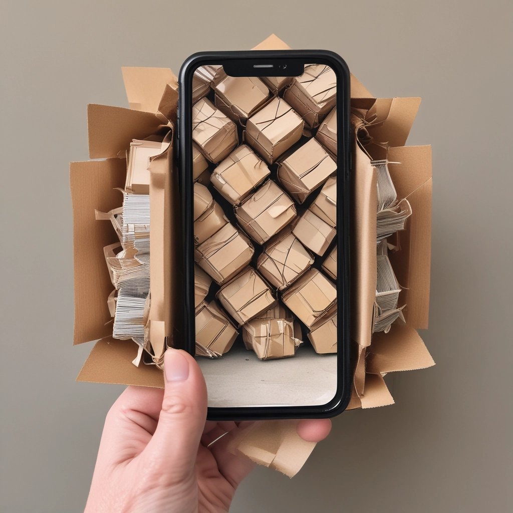 Three blue recycling bins are positioned on a sidewalk against a building with closed metal shutters. The bins display a yellow 'M' logo and the one on the far right is overfilled with cardboard boxes.