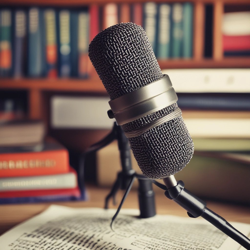 A person wearing headphones and glasses is speaking into a microphone, possibly in a recording studio. The background is blurred, suggesting a professional or indoor setting.