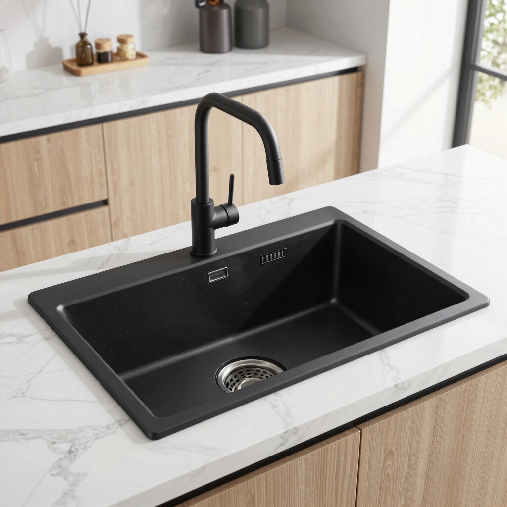 **AI Image Prompt – Luxury Black Sink** > Create a **photorealistic luxury matte black vessel sink*
