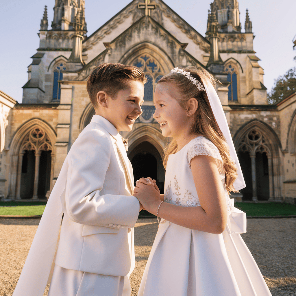 A boy and a girl at their first communion ceremony