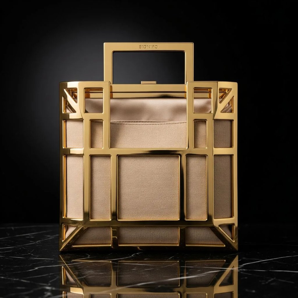 The "Aura" Clutch Tote, sebuah tas mewah dari kanvas SIGNIFO yang terbungkus sangkar emas
