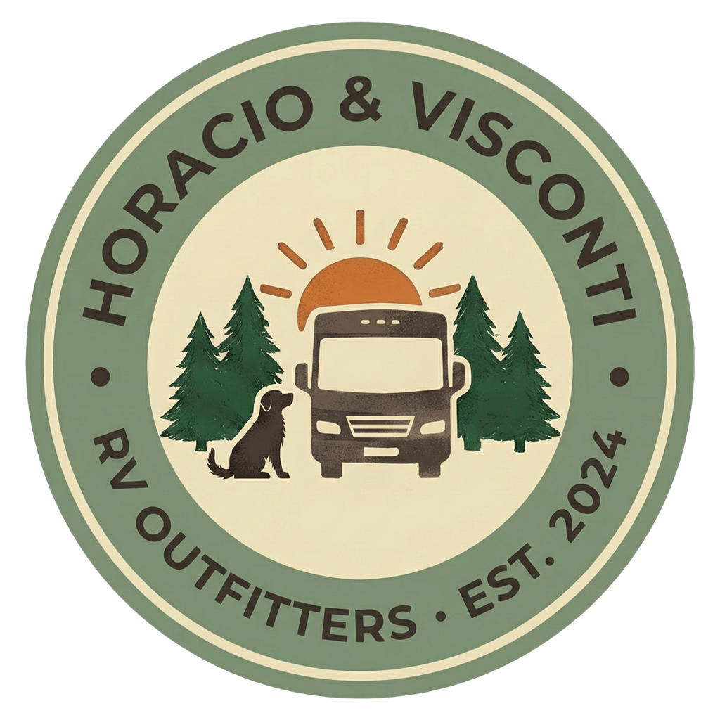 Horacio and Visconti RV Outfitters logo featuring a motorhome, dog, and pine trees under a rising sun.
