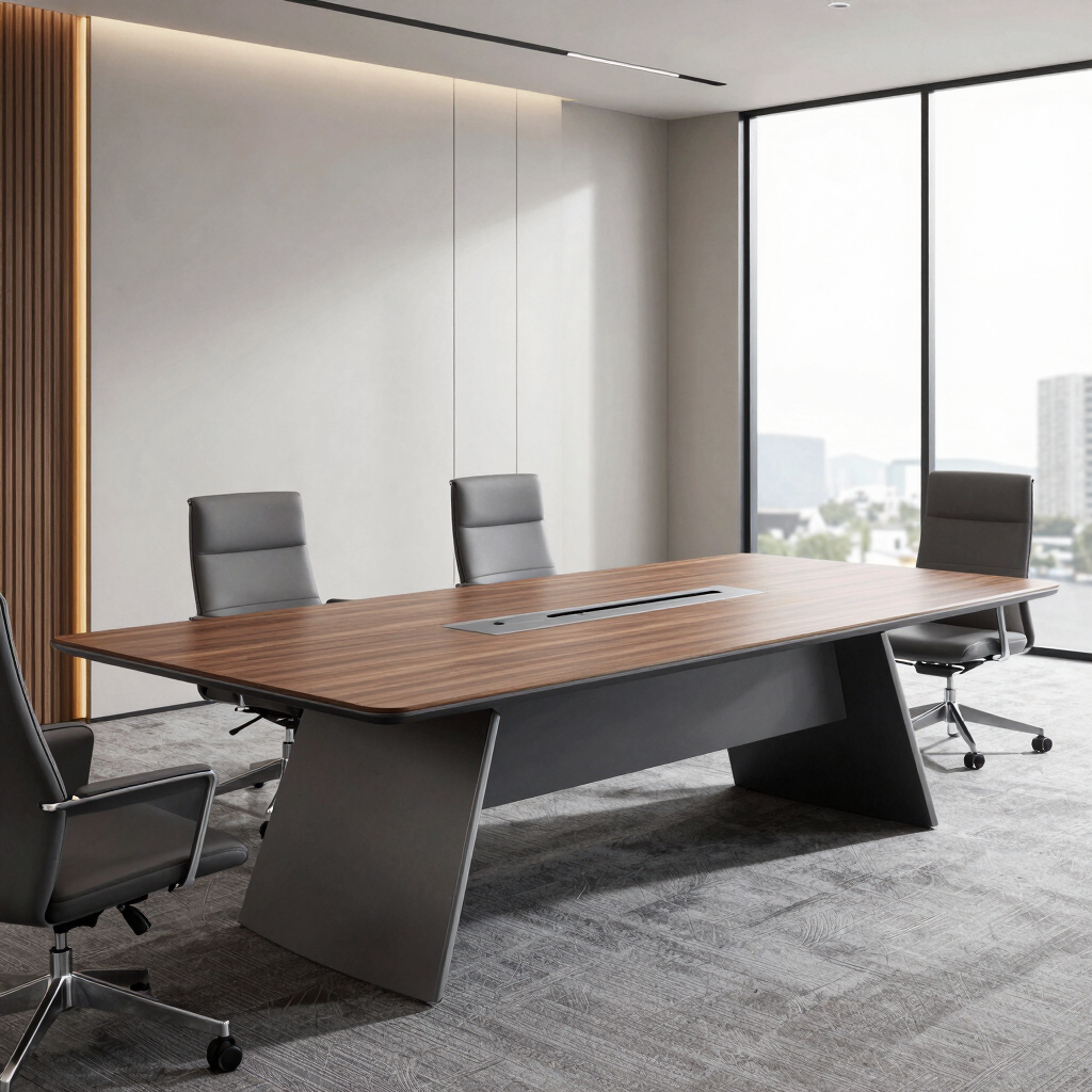 A sleek conference table in a bright, modern office with integrated cable management and ample workspace.