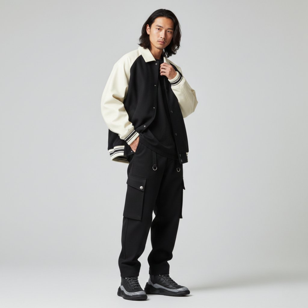 A man wearing a black and cream varsity jacket with black cargo pants and sneakers.