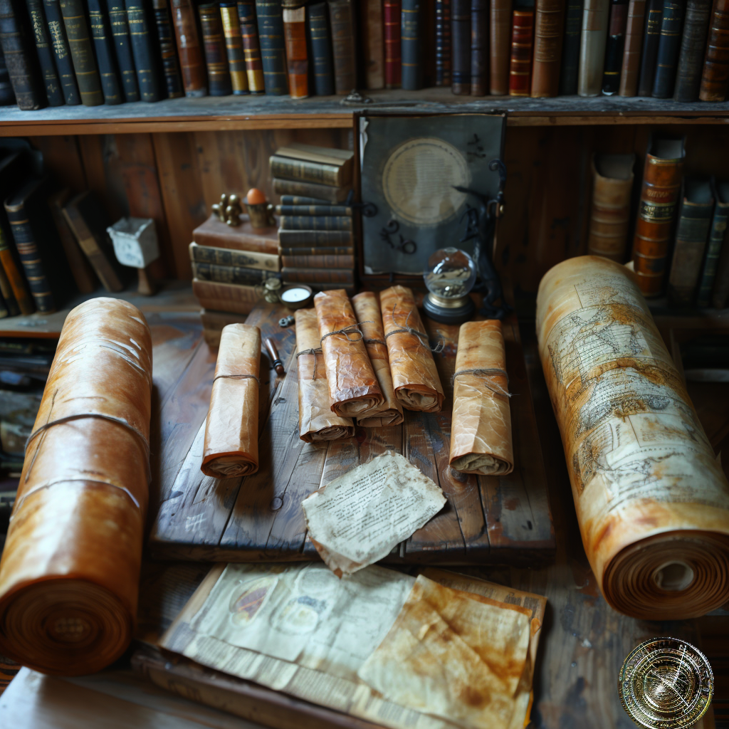 Un amas de vieux parchemins et d'un bout de lettre, sur une table en bois.