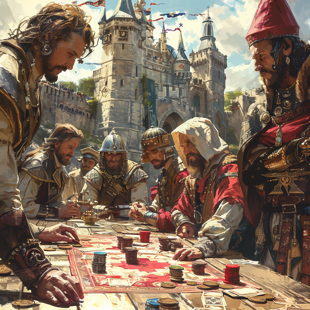 Un groupe d'hommes joue à un jeu de société type jeu de cartes, dans un univers médiéval.