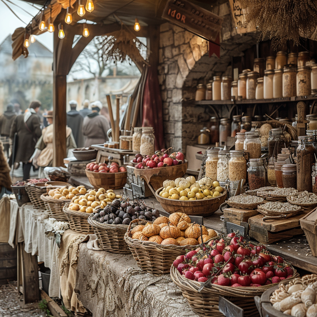 Un présentoir de marché alimentaire style époque médiéval.