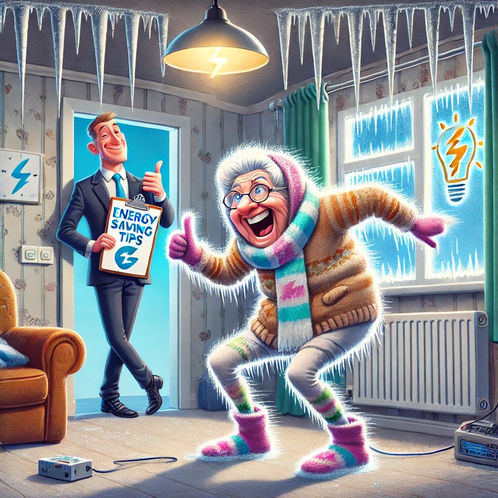 a smug executive in a suit and an elderly woman exercising at home