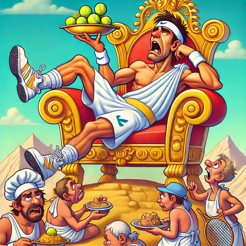 a cartoonish looking tennis god sitting on a throne with a tray of tennis balls at Mount Olympus