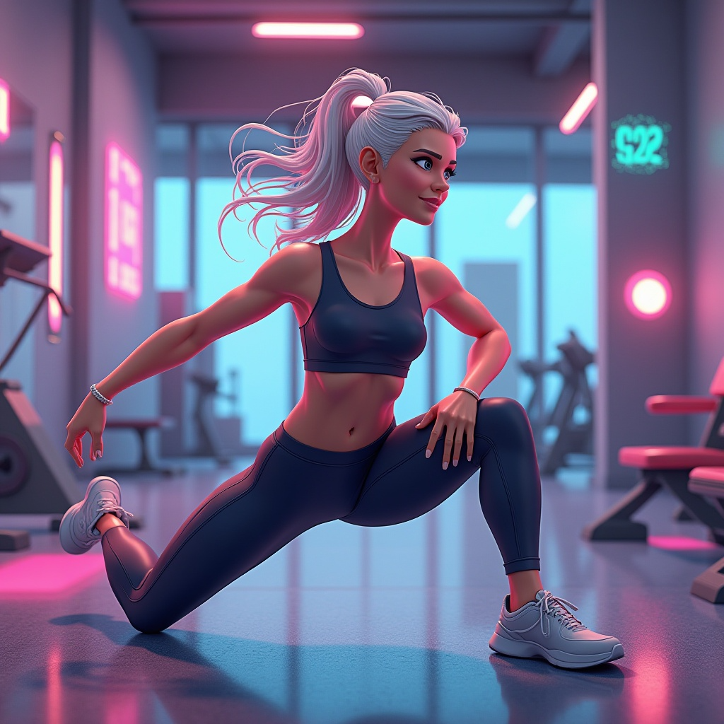 a woman exercising in a gym, 3d digital art style