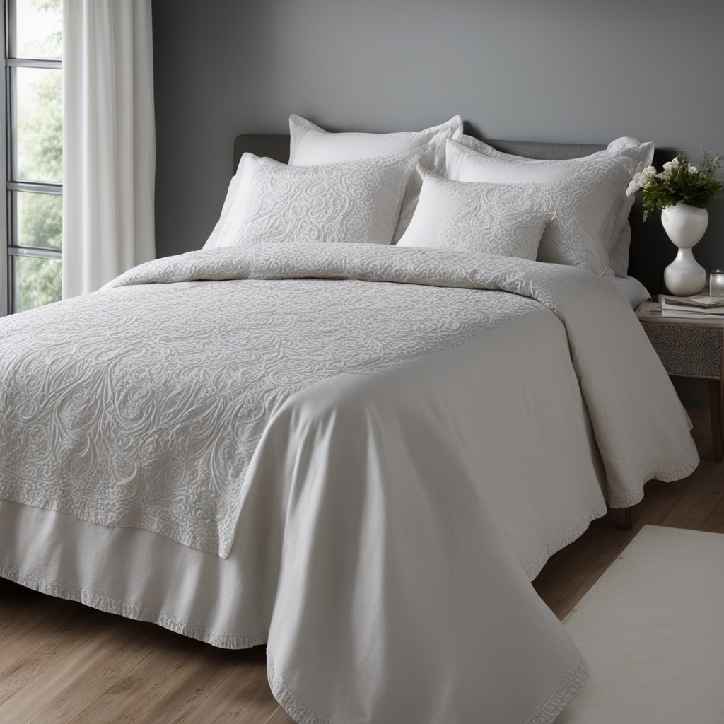 balta prabangi lovatiesė su raštu