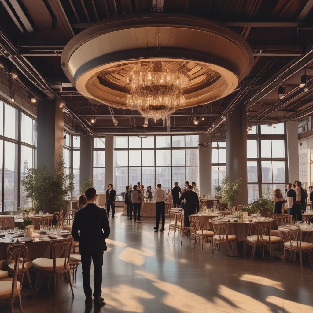 An outdoor event setup with rows of white and black chairs arranged in front of a stage. A large sign on the stage reads 'Festival of creative industries' with a date '09.09'. The venue is surrounded by modern architecture with large windows and a brick building visible in the background. Plants and trees add a natural touch to the urban setting.