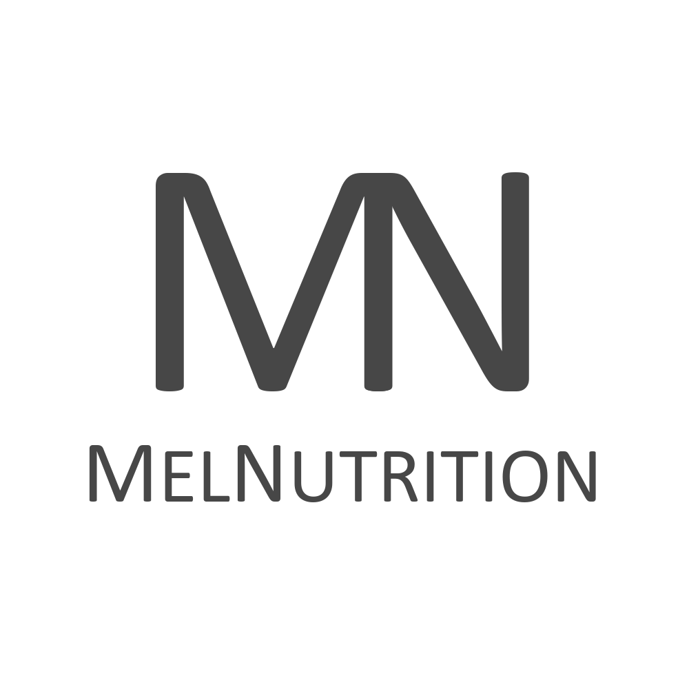 MelNutrition minimalist brand logo with a grey MN monogram on a black background.