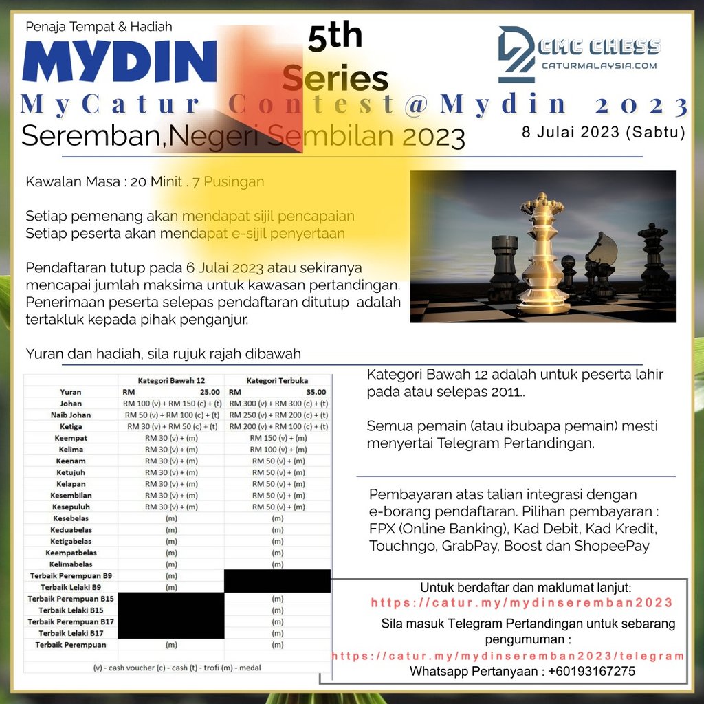 [CMC] MyCatur Contest Mydin 2023. Catur Malaysia. Chess Clicks. Malaysia Chess Tournaments