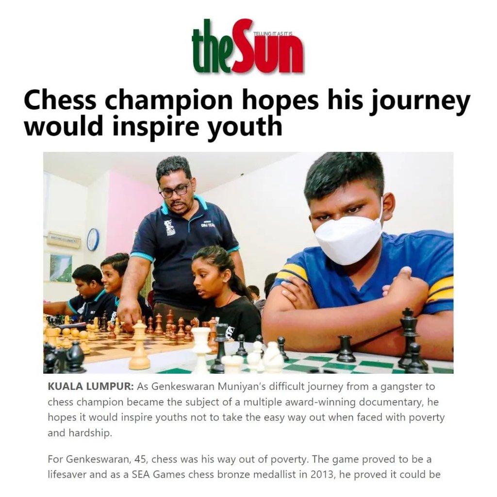 IA Genkeswaran - Founder of Chessmaster Journey, featured in The Sun Daily newspaper. Malaysia Chess