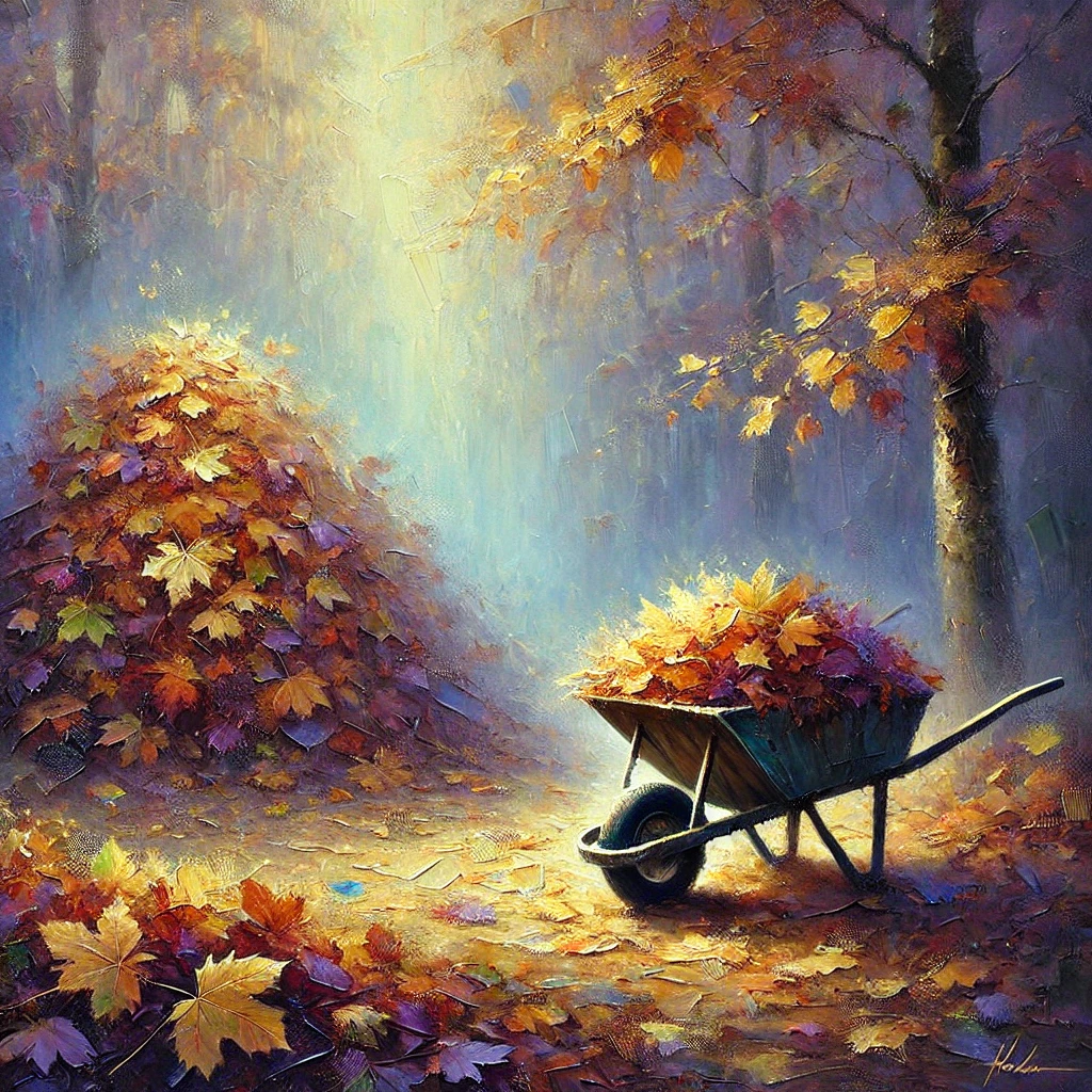 Schubkarre, die das Laub vom Laubhaufen entfernt