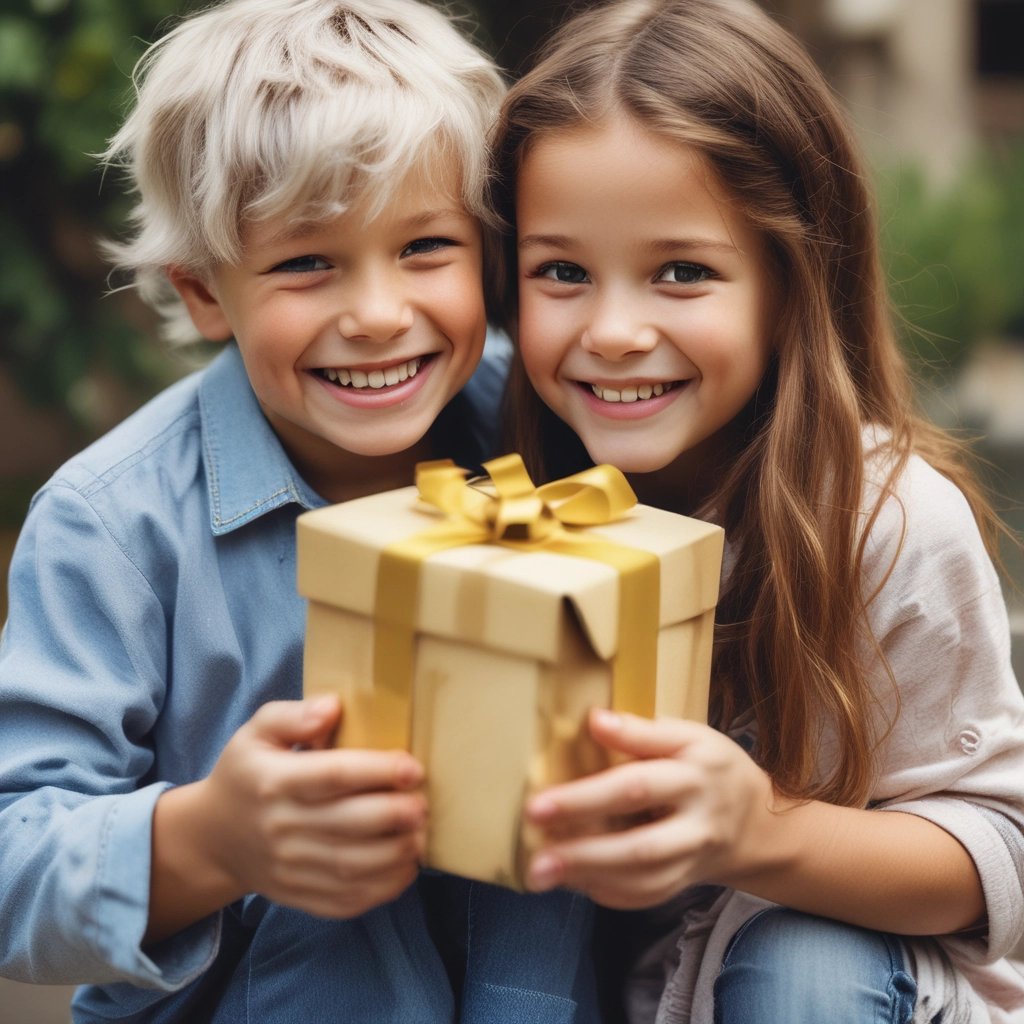 two children smiling holding a present